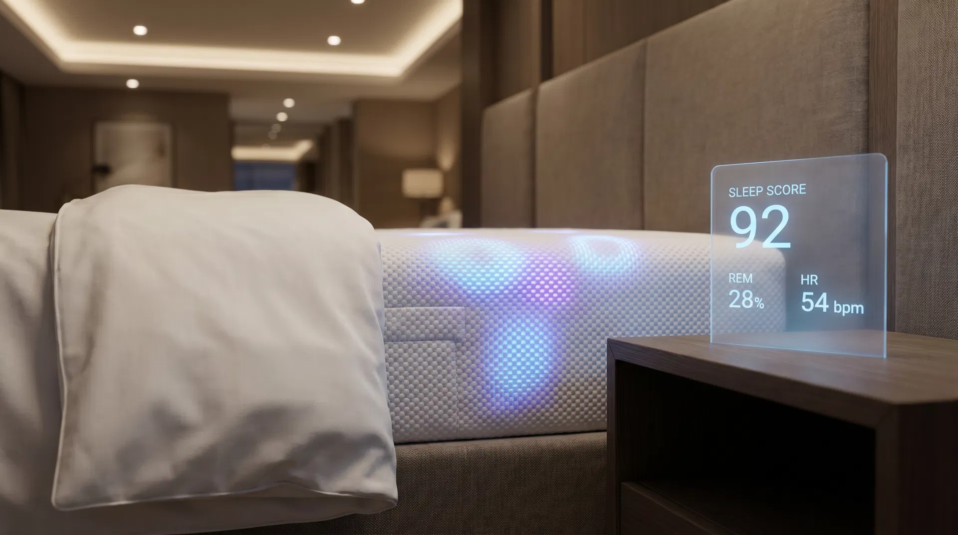 AI-powered smart mattress with biometric sleep monitoring in luxury hotel