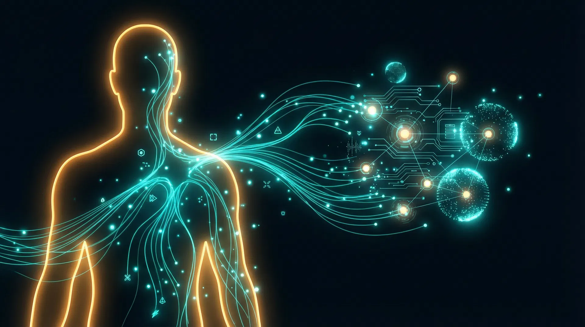 Distributed cognition — human connected to AI through neural pathways