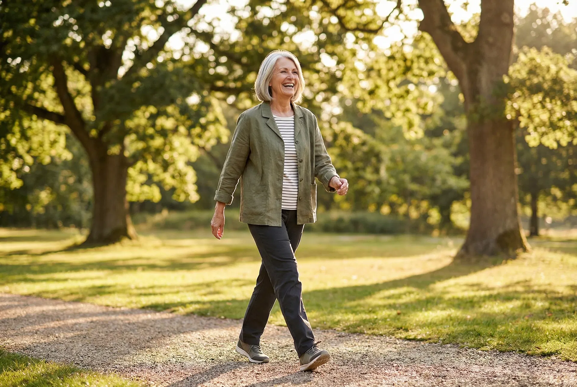 Femme âgée marchant librement dans un parc