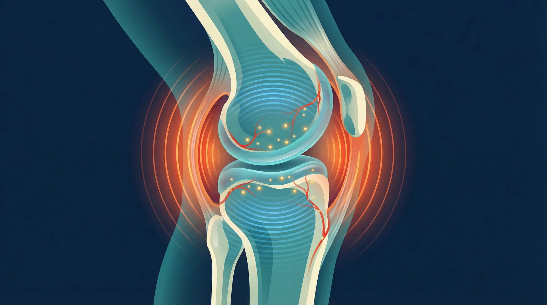 Illustration médicale : chaleur et vibrations activant la circulation dans le genou