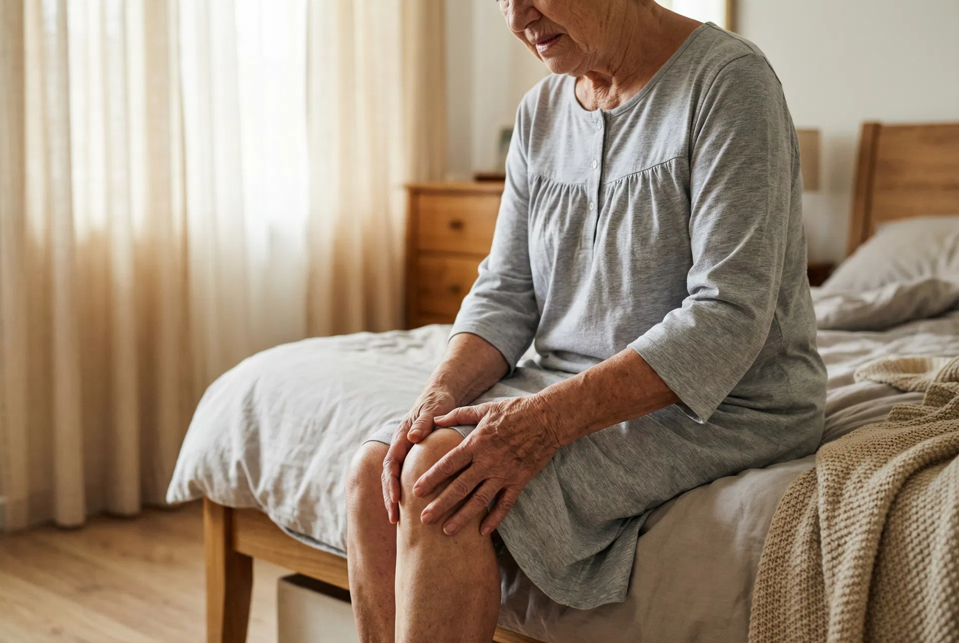 Femme tenant son genou douloureux le matin