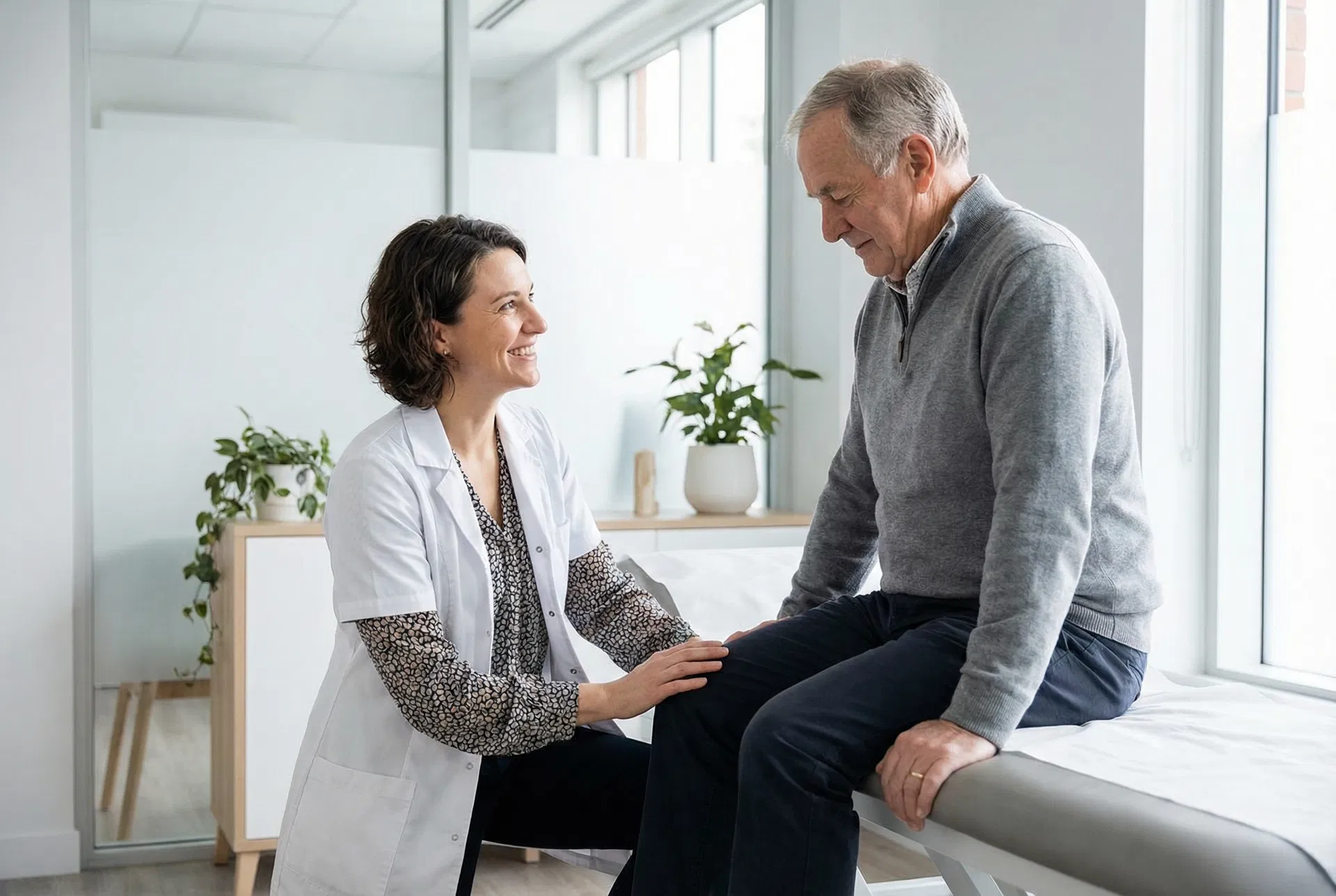 Physiothérapeute examinant le genou d'un patient