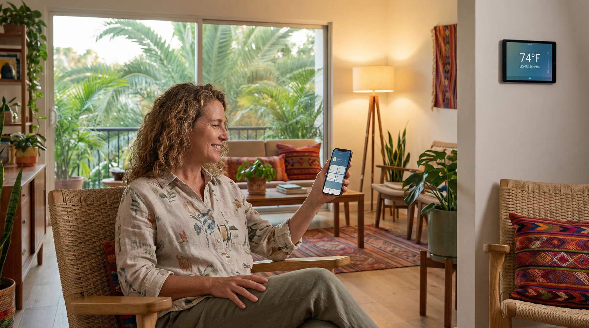 Caribbean homeowner controlling smart home automation from smartphone