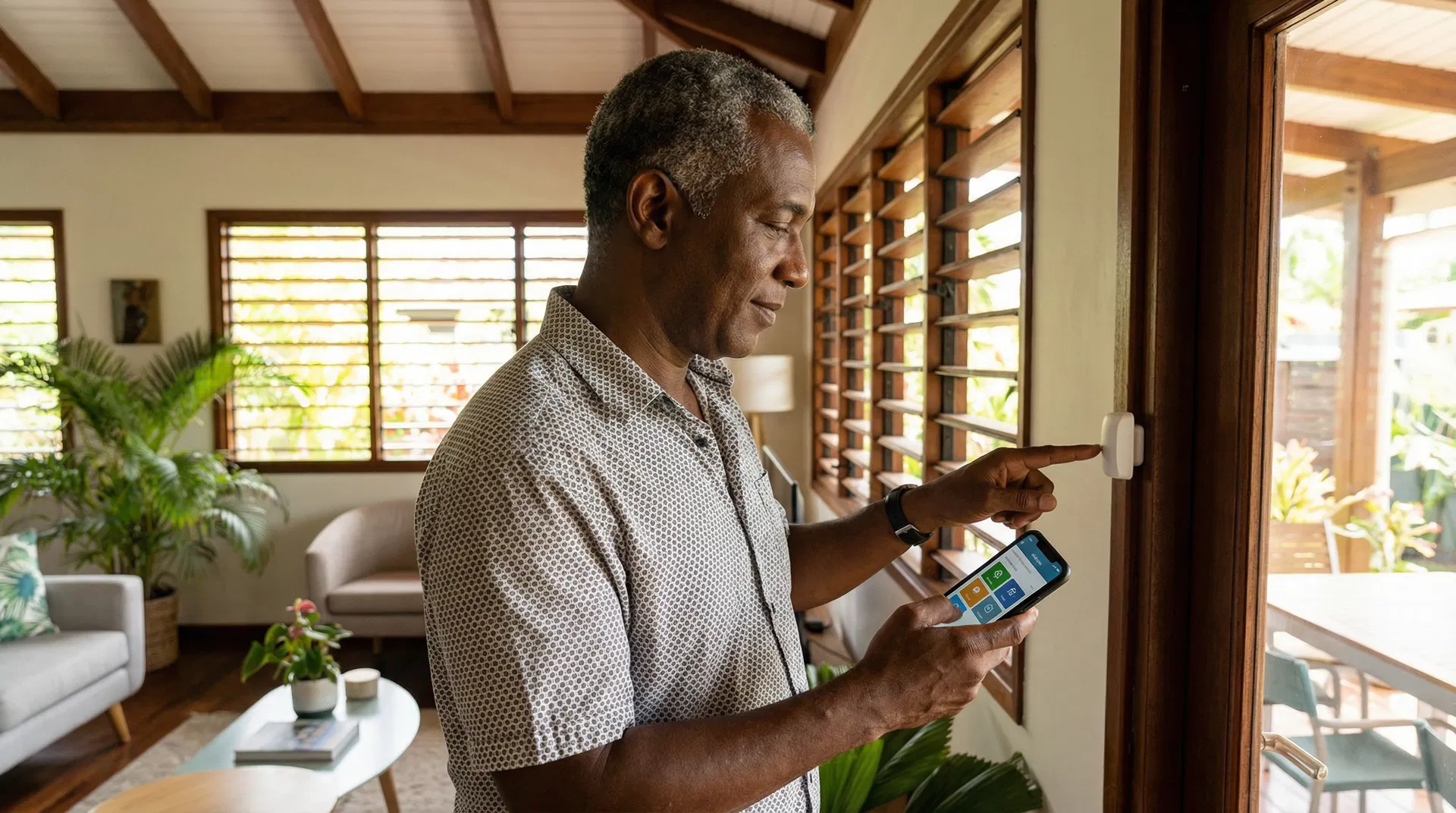 Caribbean homeowner checking security alerts on smartphone