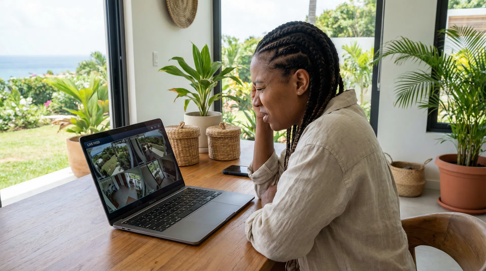 Caribbean woman reviewing security camera footage on laptop