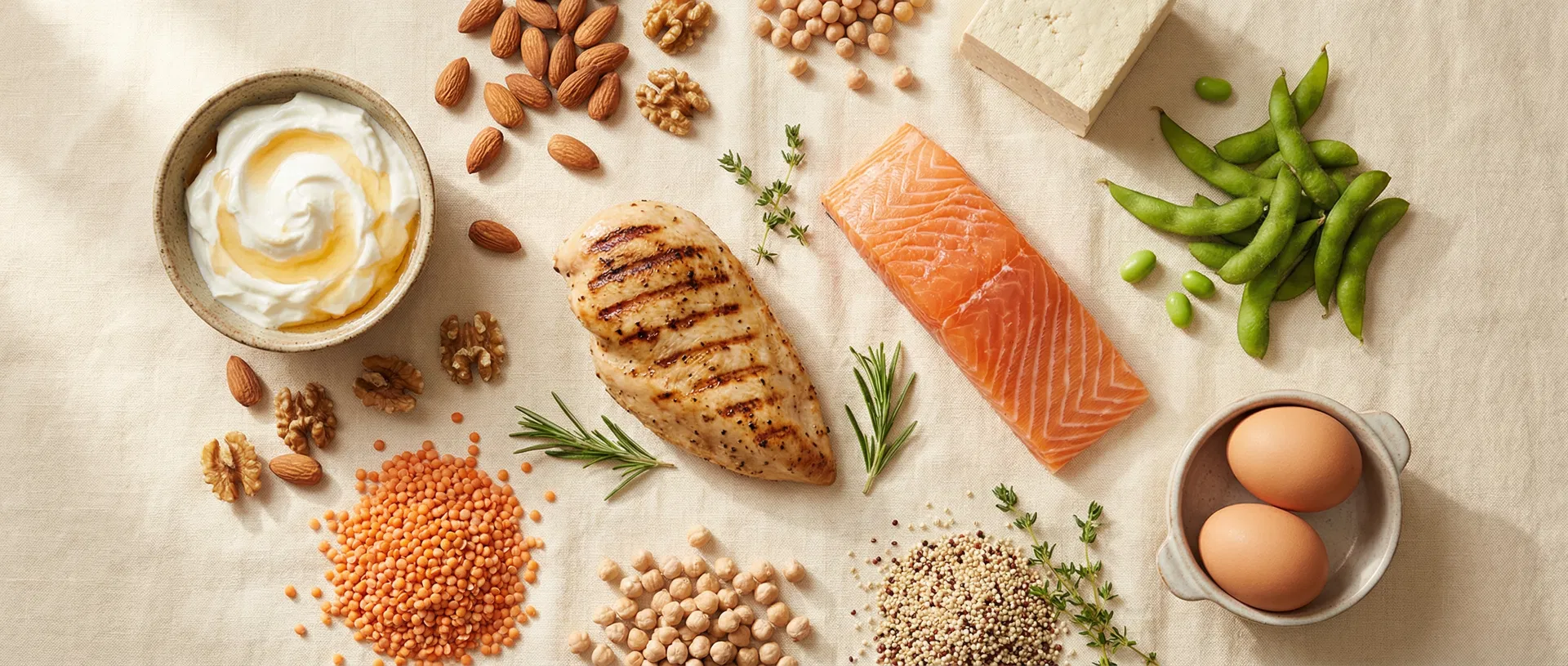 Verschiedene Proteinquellen auf einem Tisch