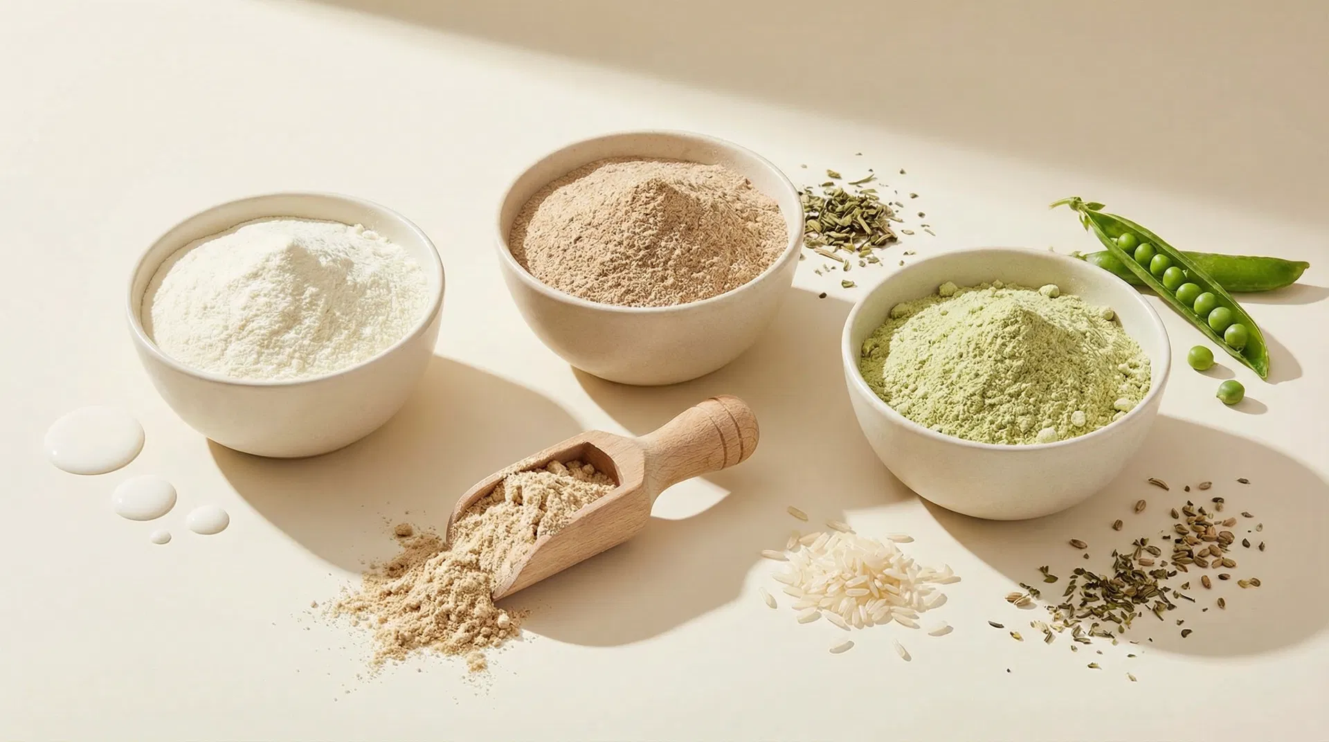 Verschiedene Proteinpulver in Schüsseln