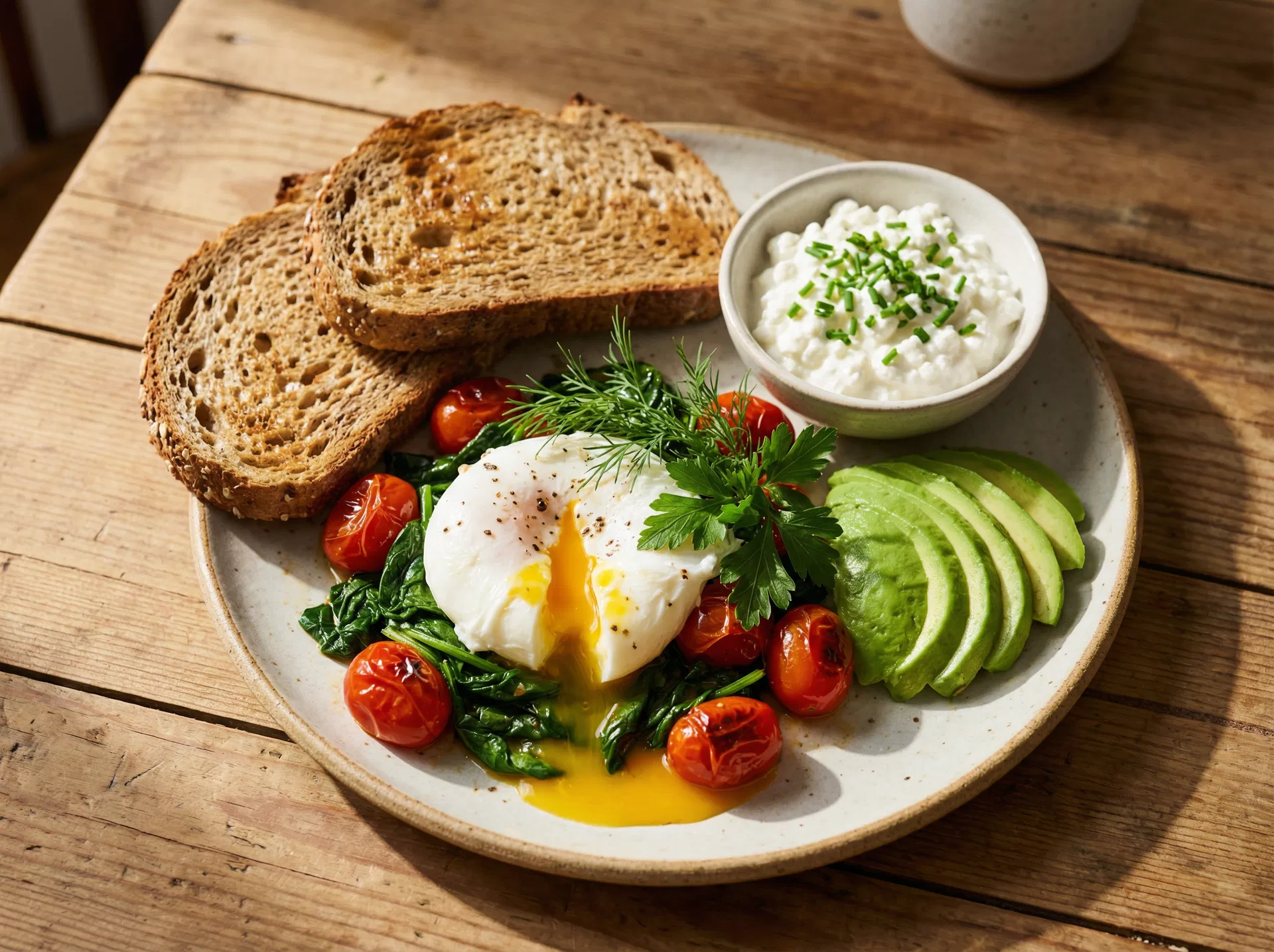 Pochiertes Ei auf Spinat-Tomaten-Bett