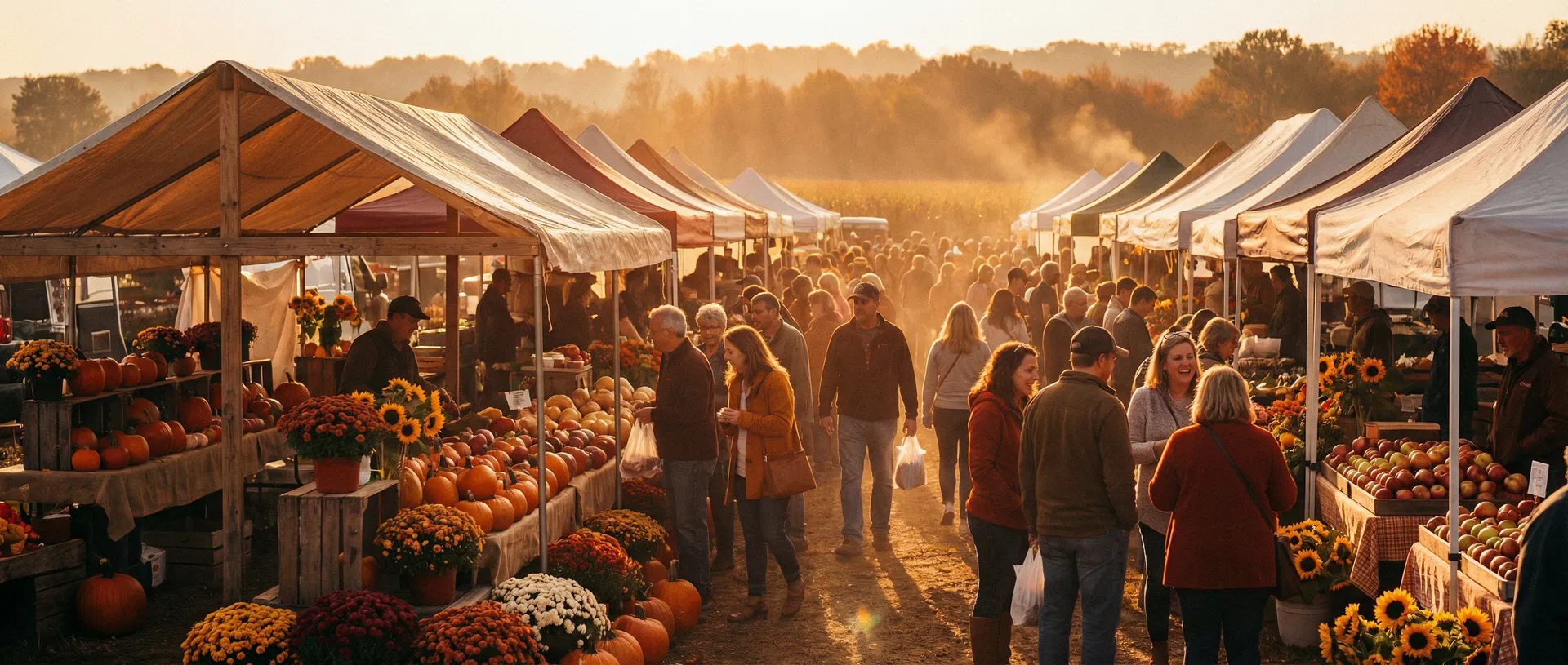 Seasonal farmers market at golden hour
