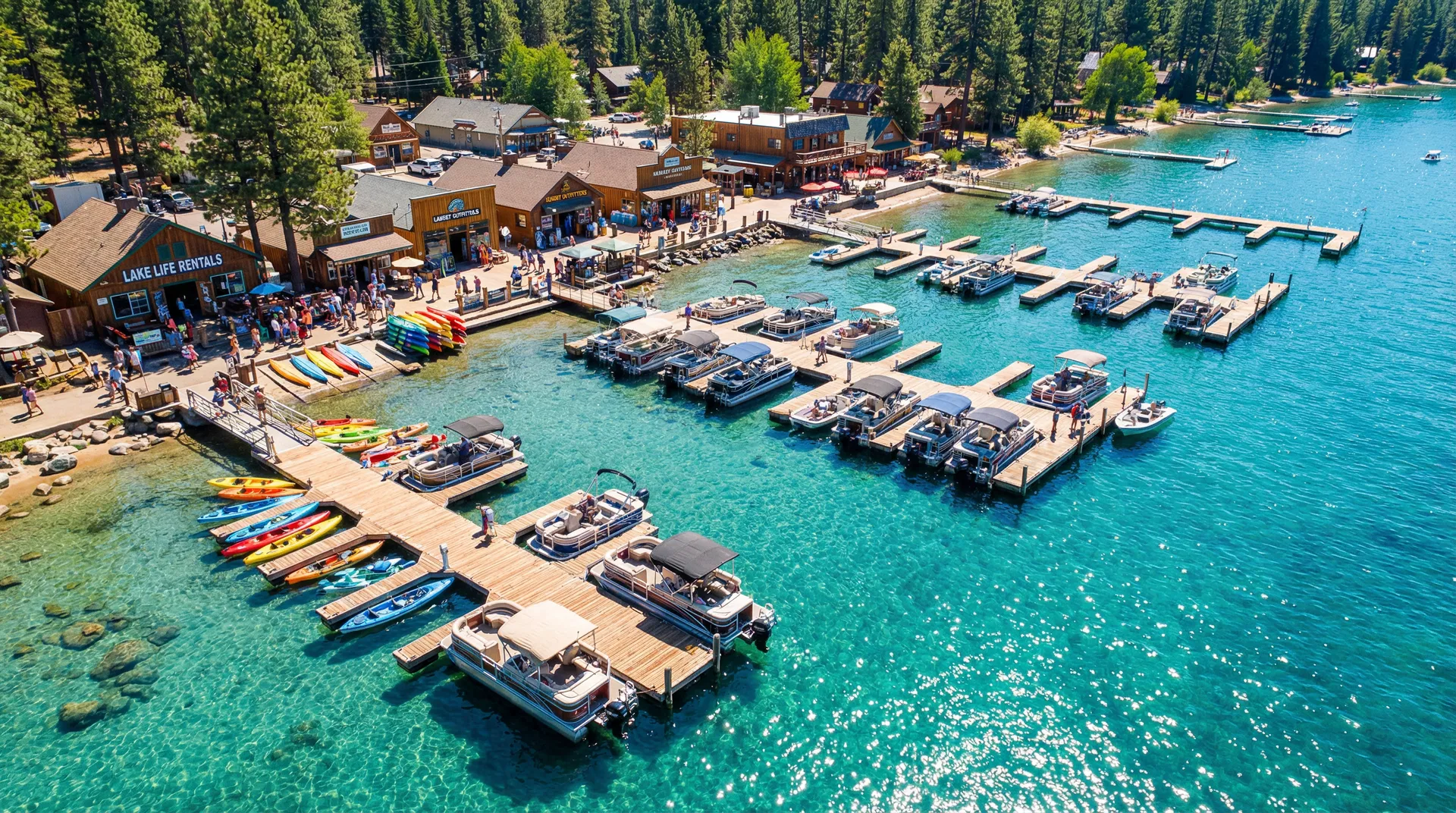 Lakefront marina with boats and kayaks