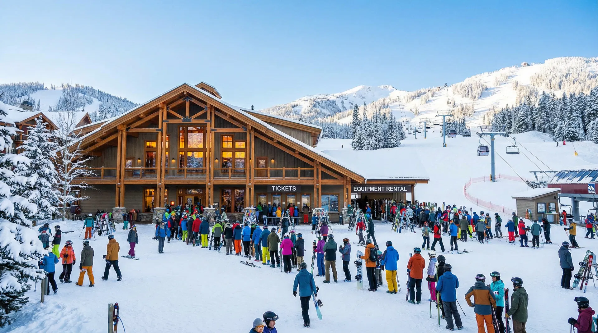 Busy ski resort base lodge