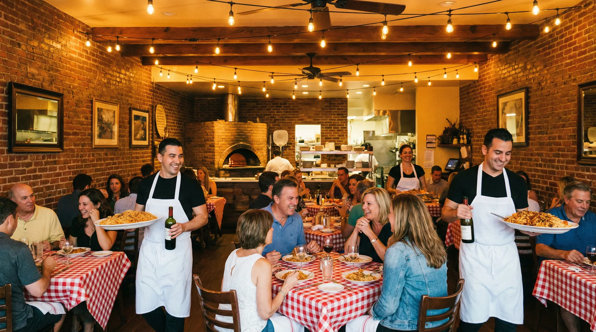Busy Long Island Italian restaurant with happy staff serving guests