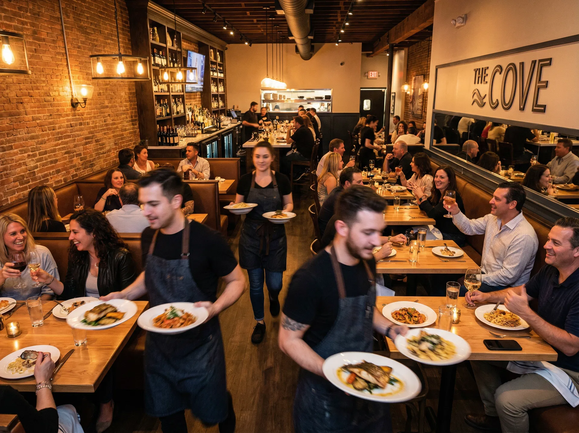 Busy restaurant kitchen with KDS