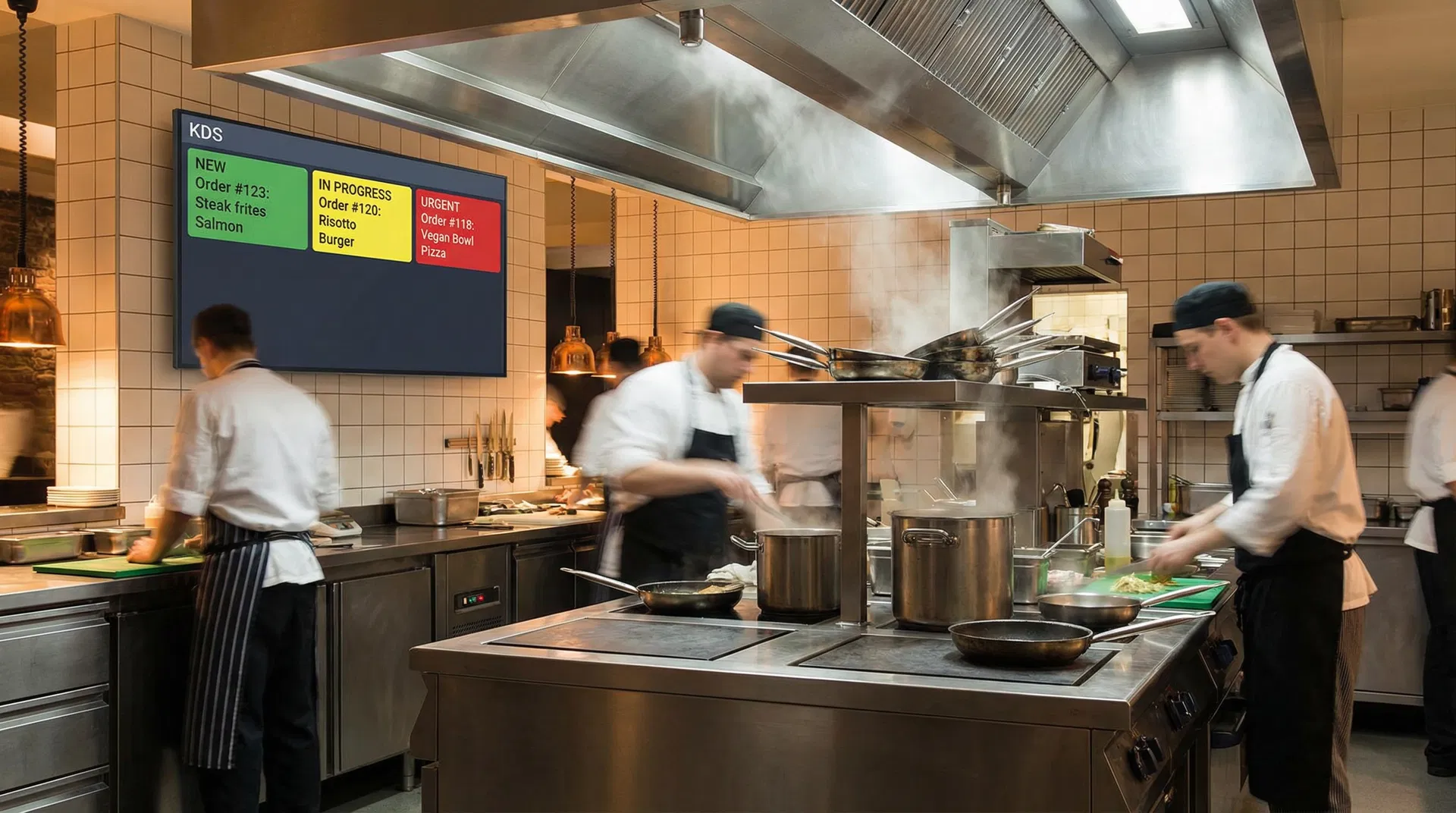 Kitchen display system showing color-coded orders in a busy restaurant kitchen