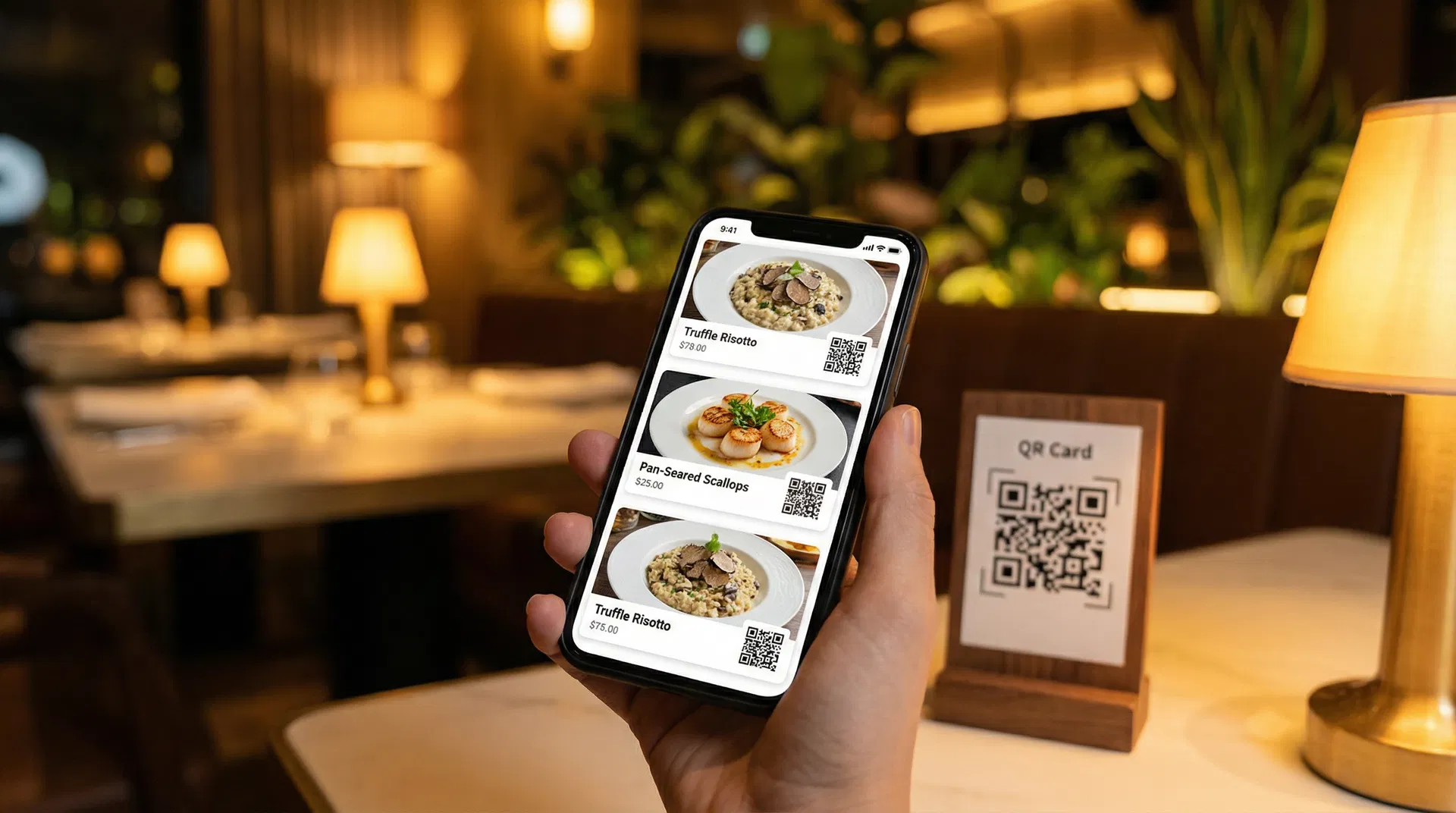 Customer using QR code to browse digital menu and order on smartphone