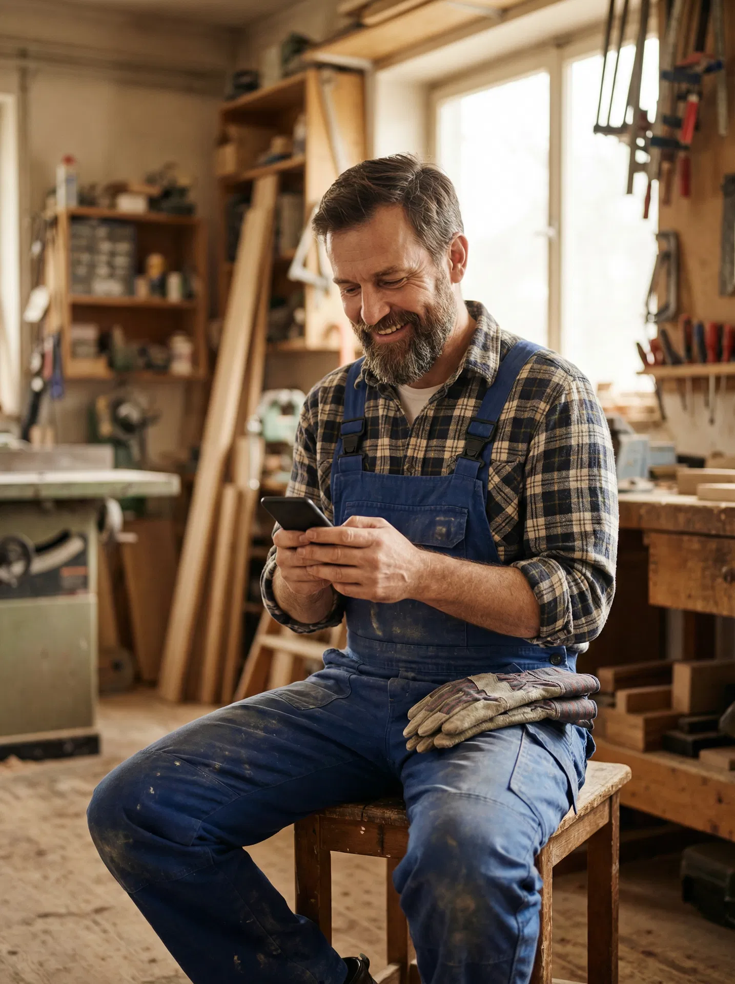 Handwerker schaut auf sein Smartphone