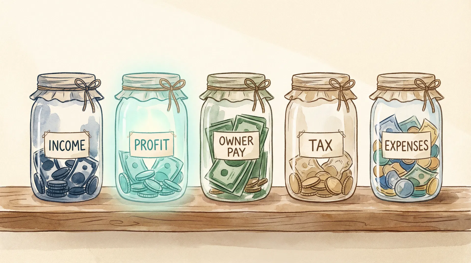 Five mason jars labeled Income, Profit, Owner Pay, Tax, Expenses
