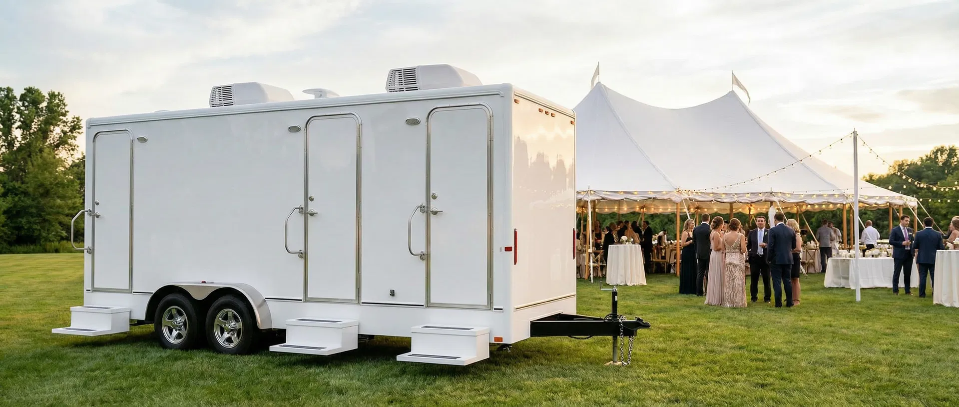 Luxury outdoor wedding reception with Powder Room Trailer