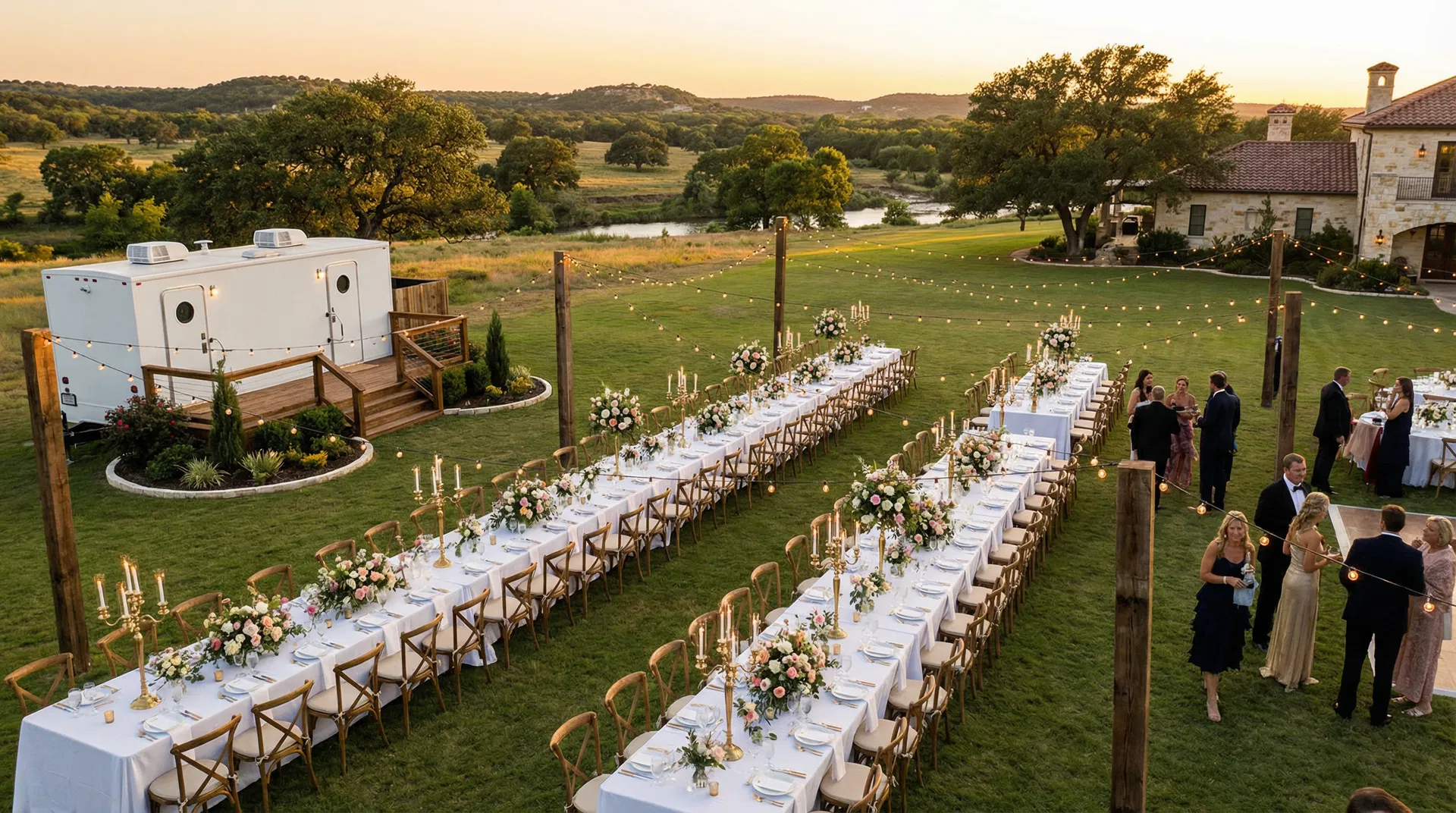 Luxury outdoor wedding reception with Powder Room Trailer