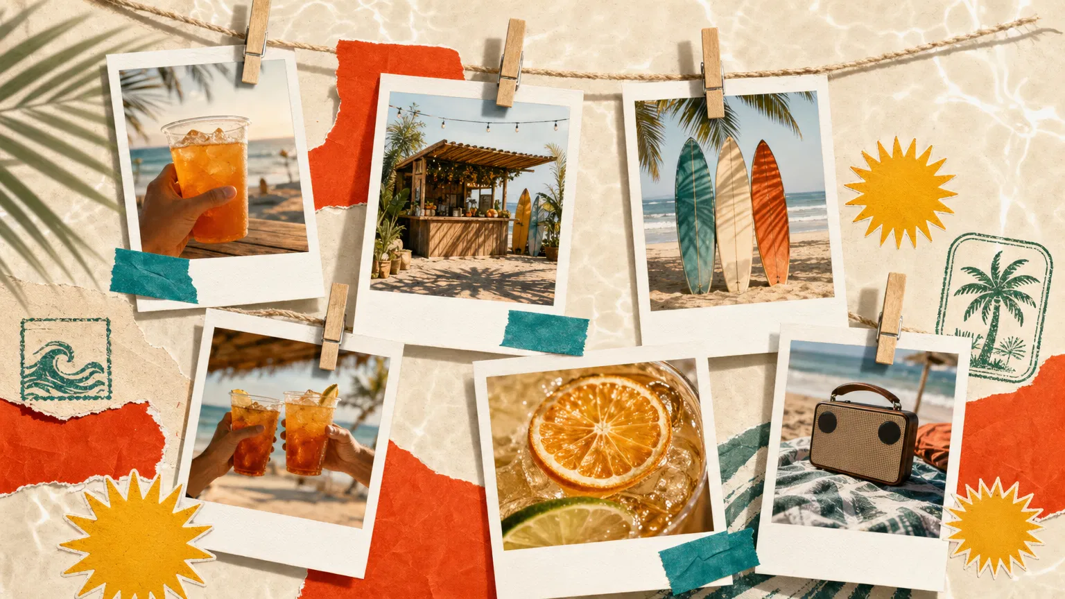 Collage original de activaciones, polaroids y playa