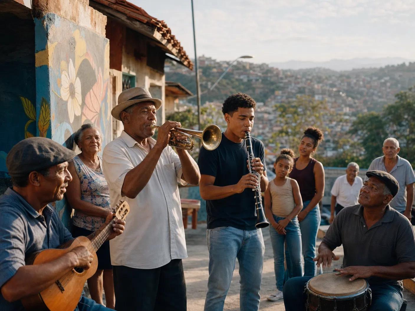 Músicos comunitarios en una calle caraqueña