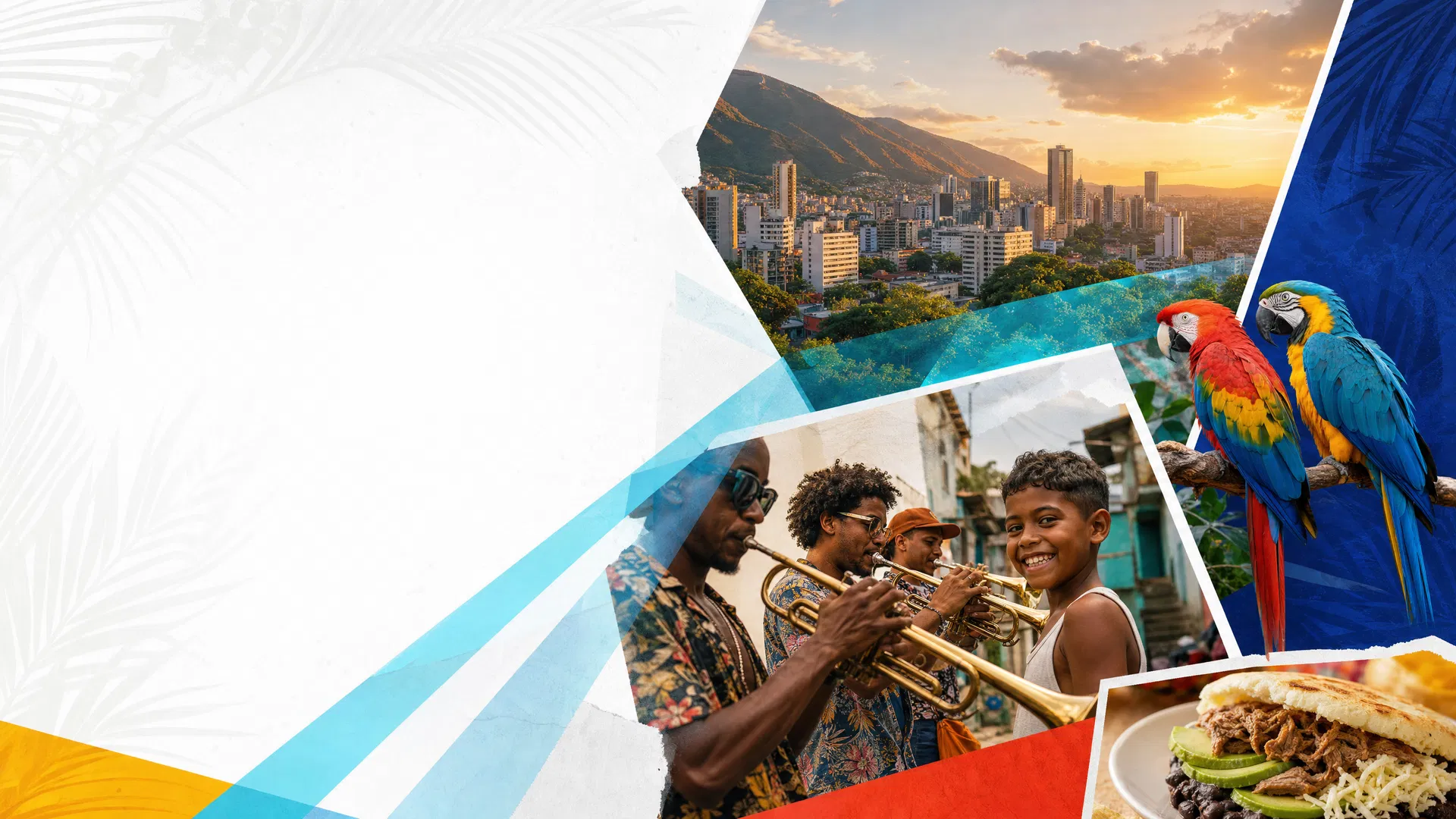 Collage cultural de Caracas con música, ciudad y guacamayas