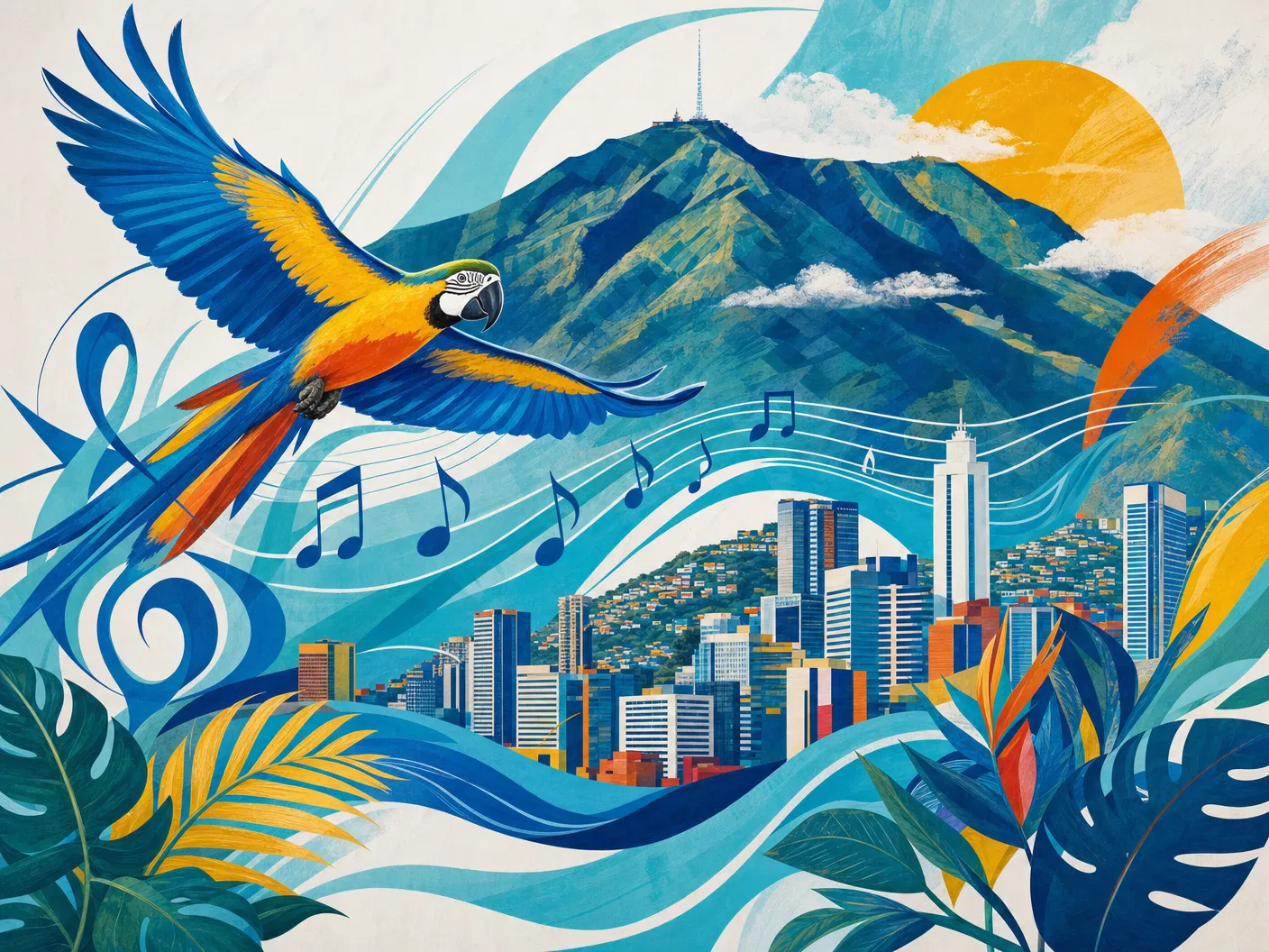 Ilustración mural de Caracas, Waraira Repano y guacamaya