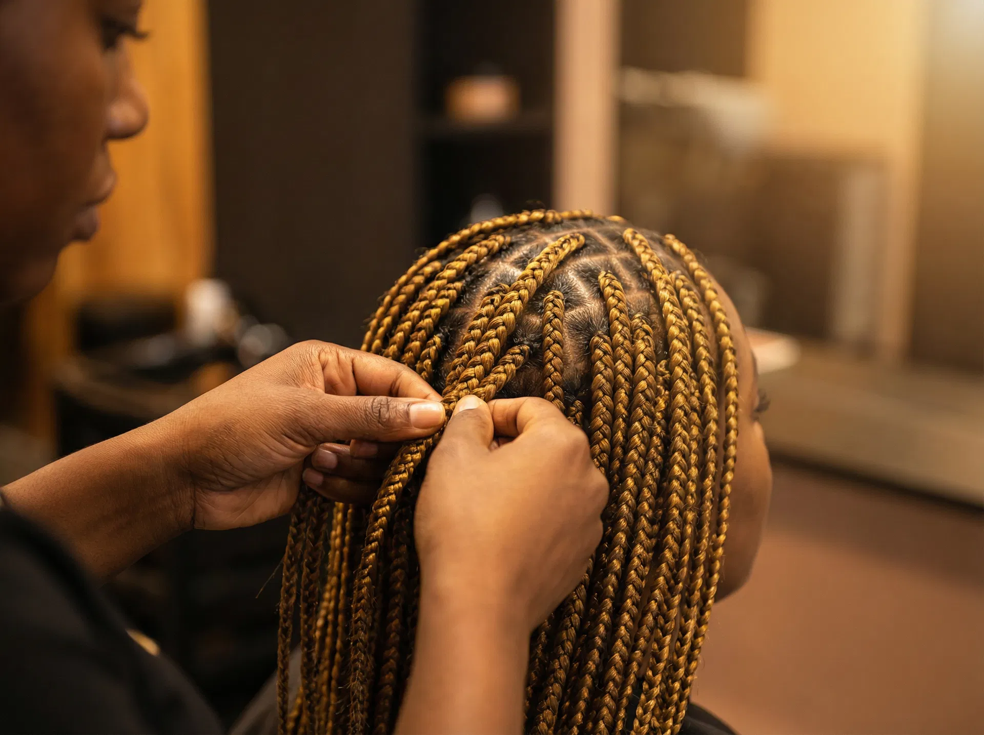 Expert hair braiding at Queen Fallou