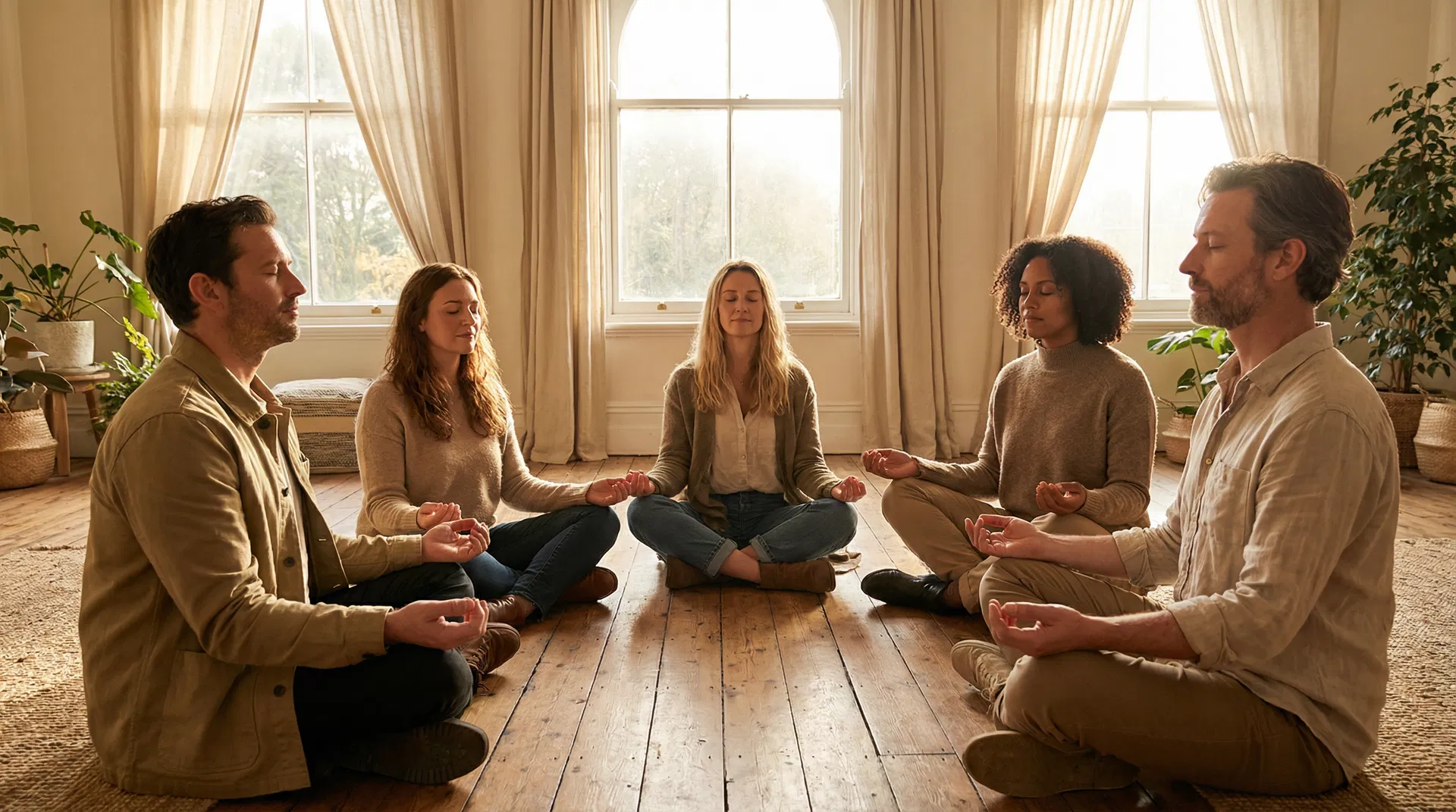 Group breathwork session in a warm, naturally-lit room