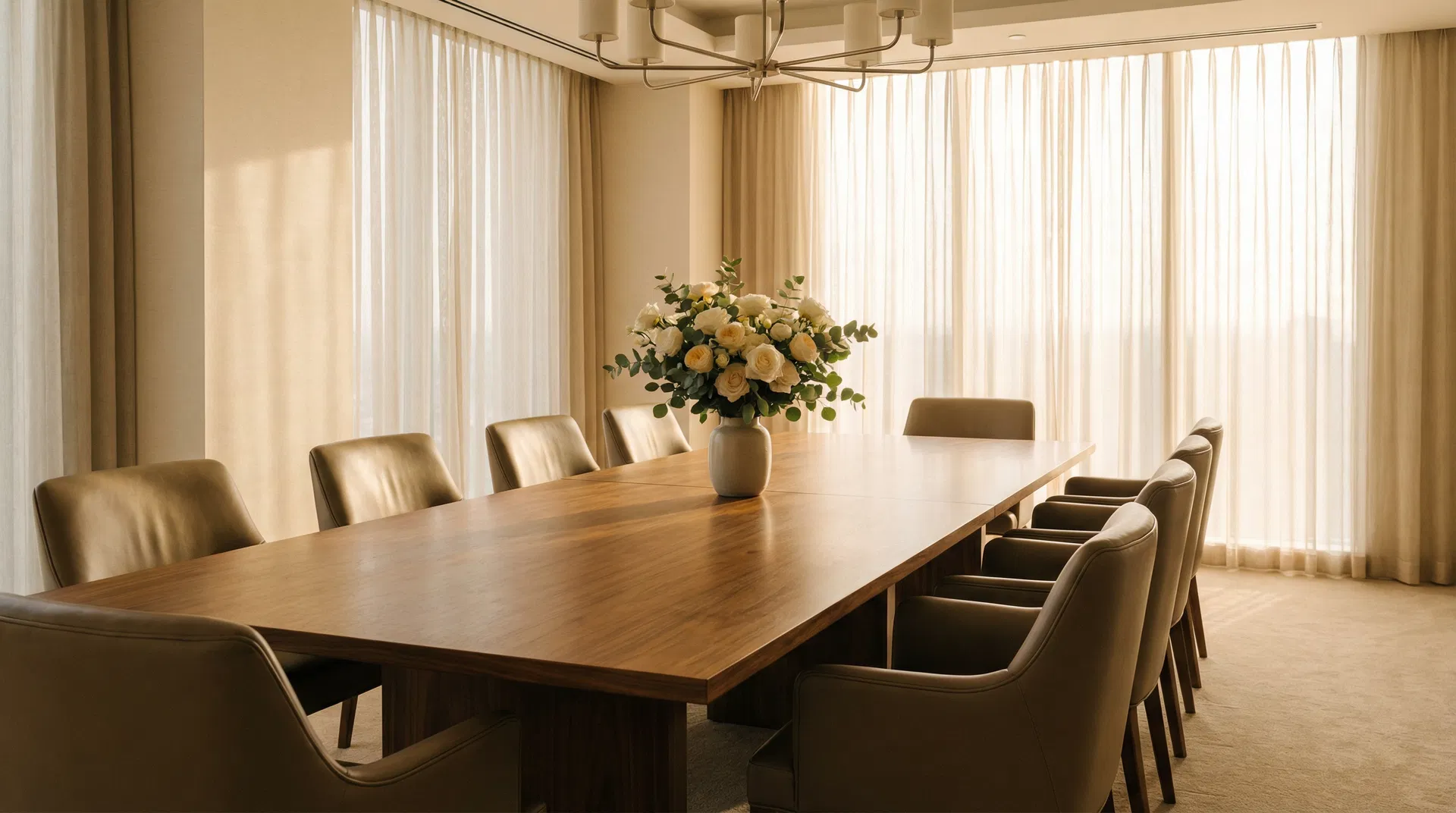 Luxury executive boardroom with warm golden light