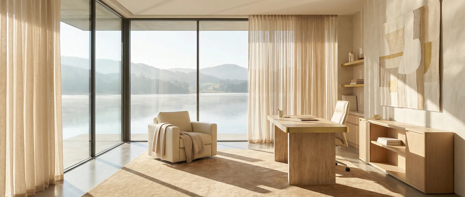 Luxury executive space bathed in warm morning light