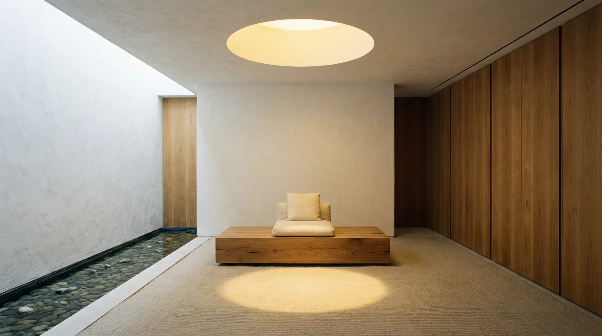 Tranquil meditation room with skylight and warm natural materials