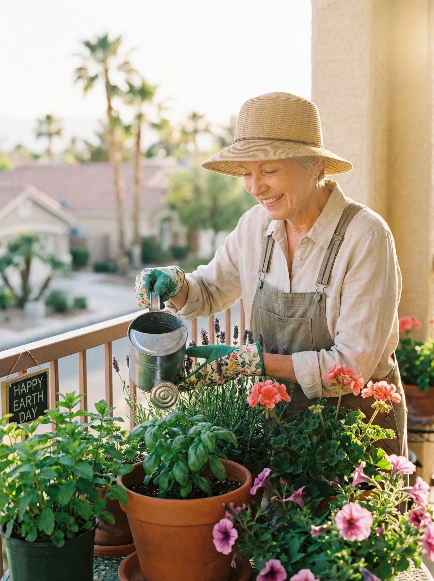 Senior woman gardening on her balcony