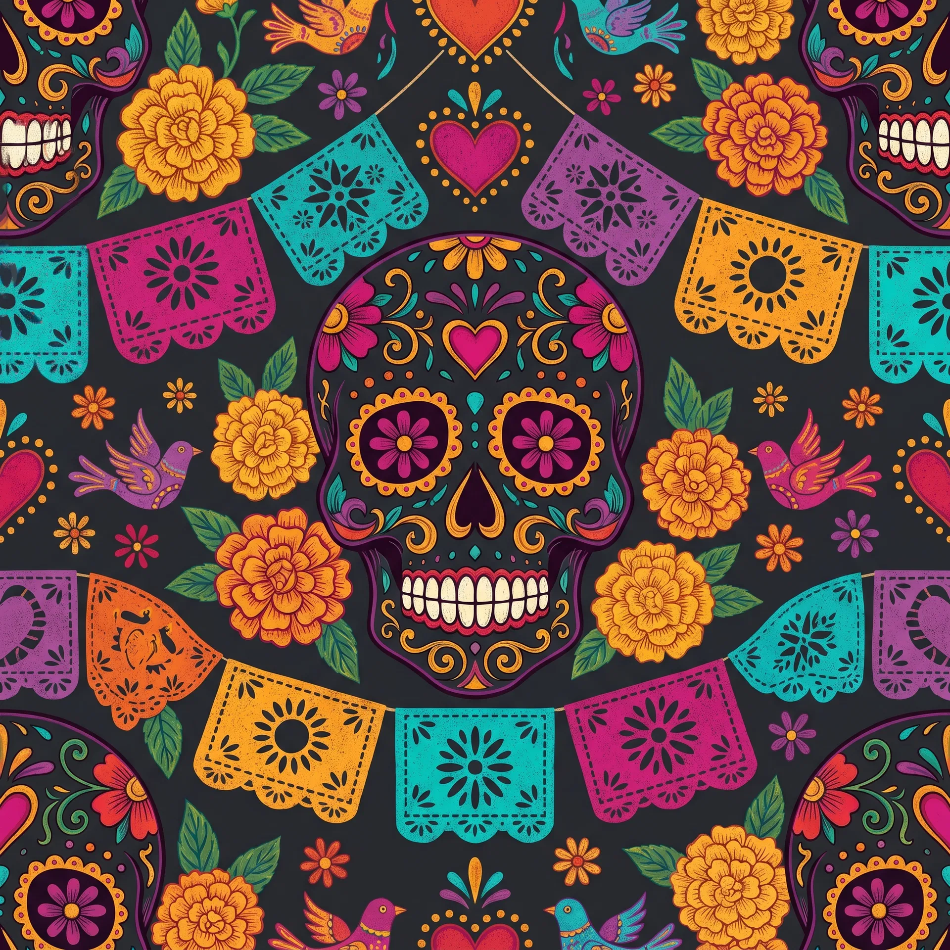 Decorative Cinco de Mayo calavera pattern with sugar skulls and marigolds