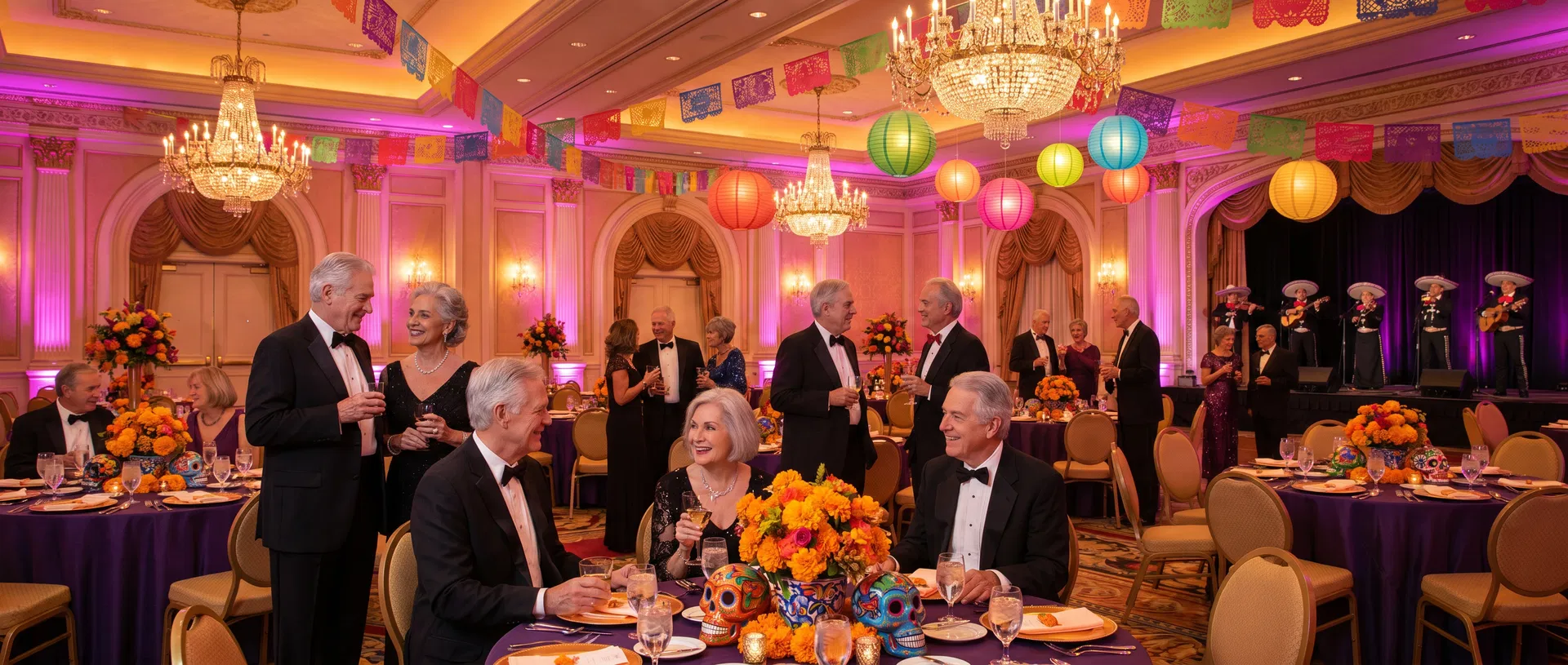Premium Cinco de Mayo celebration at a grand casino ballroom with papel picado and marigolds