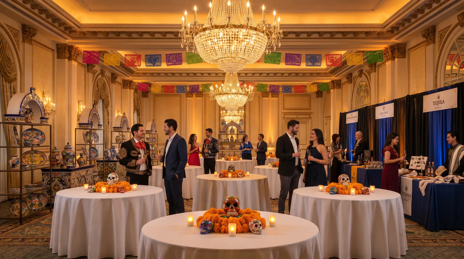 Cinco de Mayo decorated grand ballroom with papel picado and marigolds