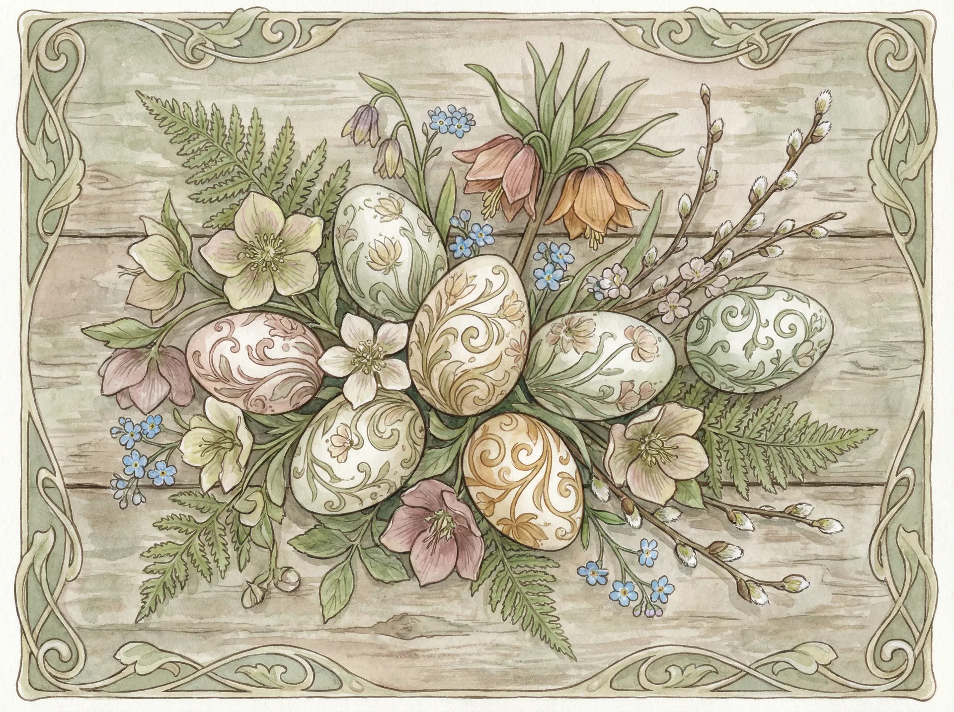 Beautifully decorated Easter eggs with botanical elements