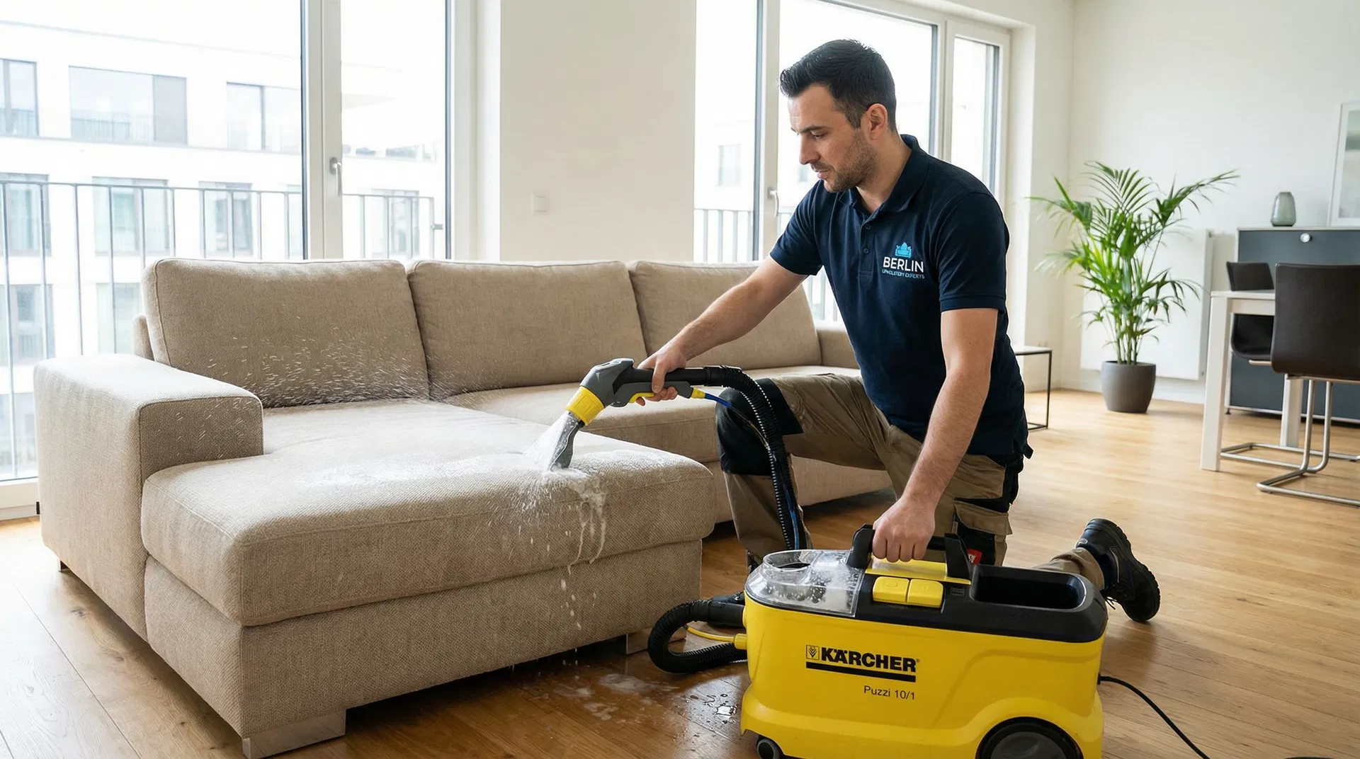 Professionelle Polsterreinigung Berlin – Techniker reinigt Eckcouch mit Kärcher Puzzi