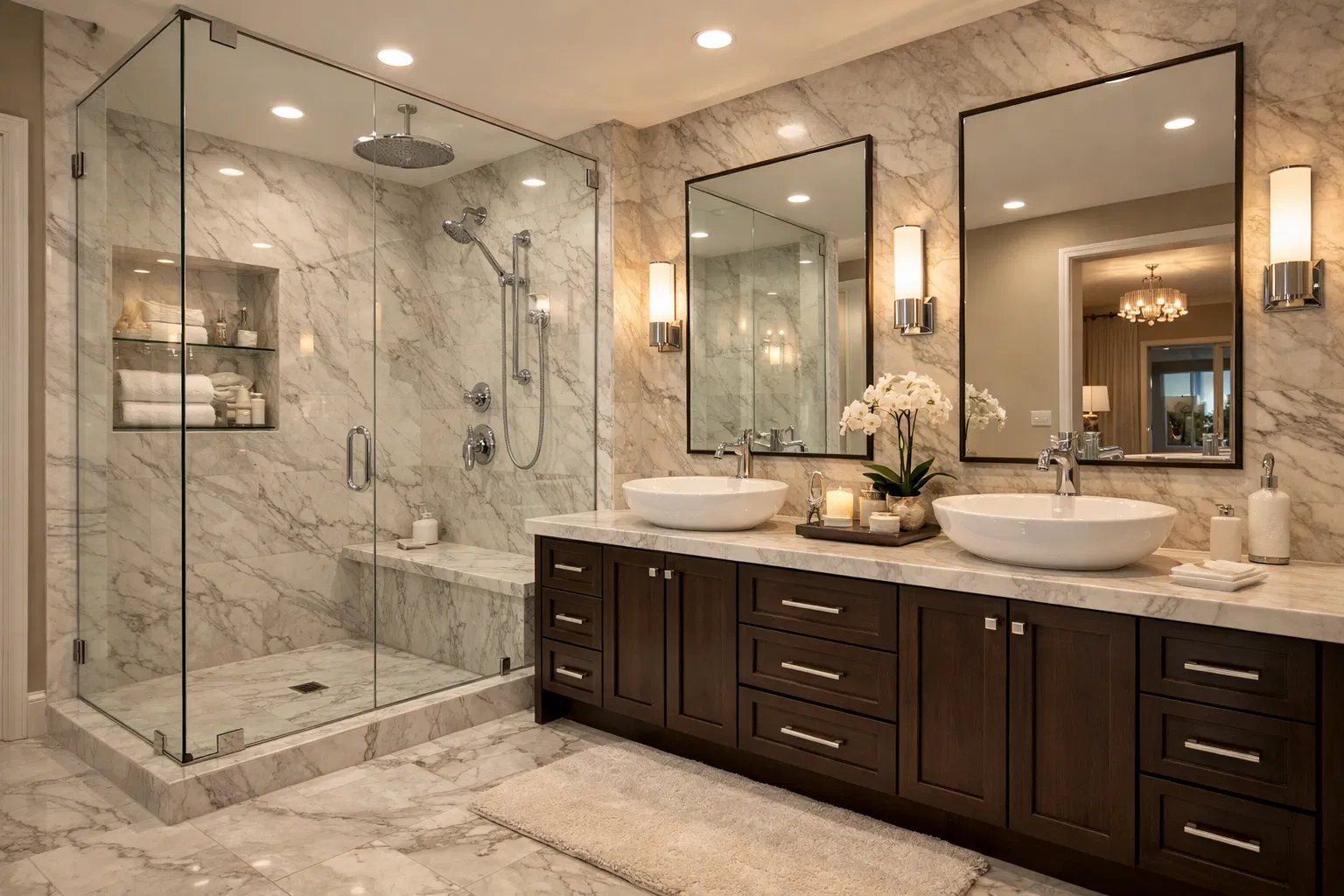 Luxury primary bathroom remodel in Phoenix with marble tile, walk-in shower, and double vanity