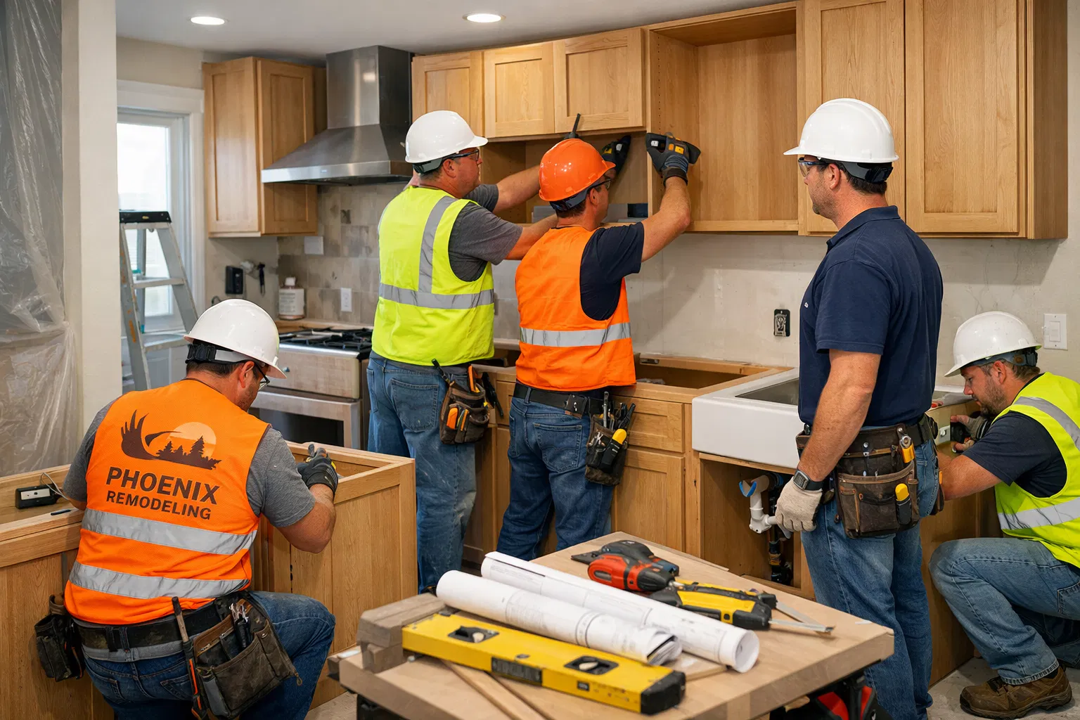 Professional construction team working on Phoenix home remodeling project with safety equipment and organized job site