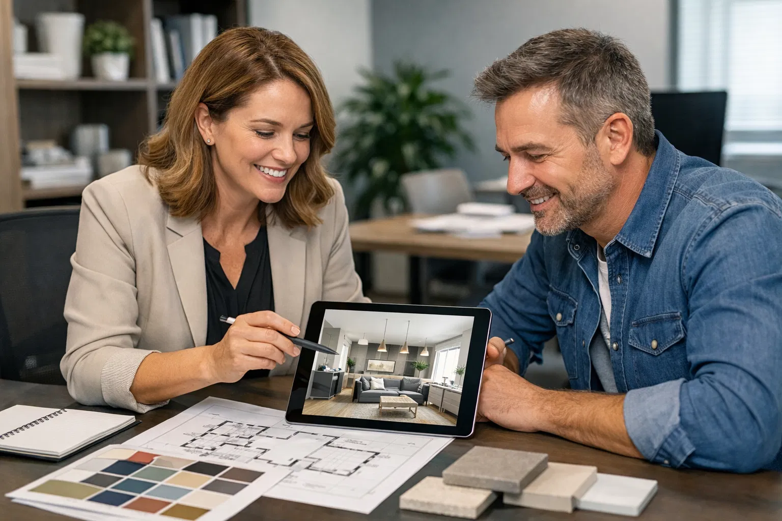 Interior designer and homeowner reviewing 3D design renderings during home remodeling consultation