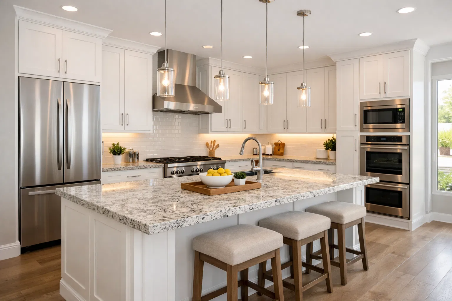 Phoenix kitchen remodeling with modern white cabinetry, granite countertops, and stainless steel appliances