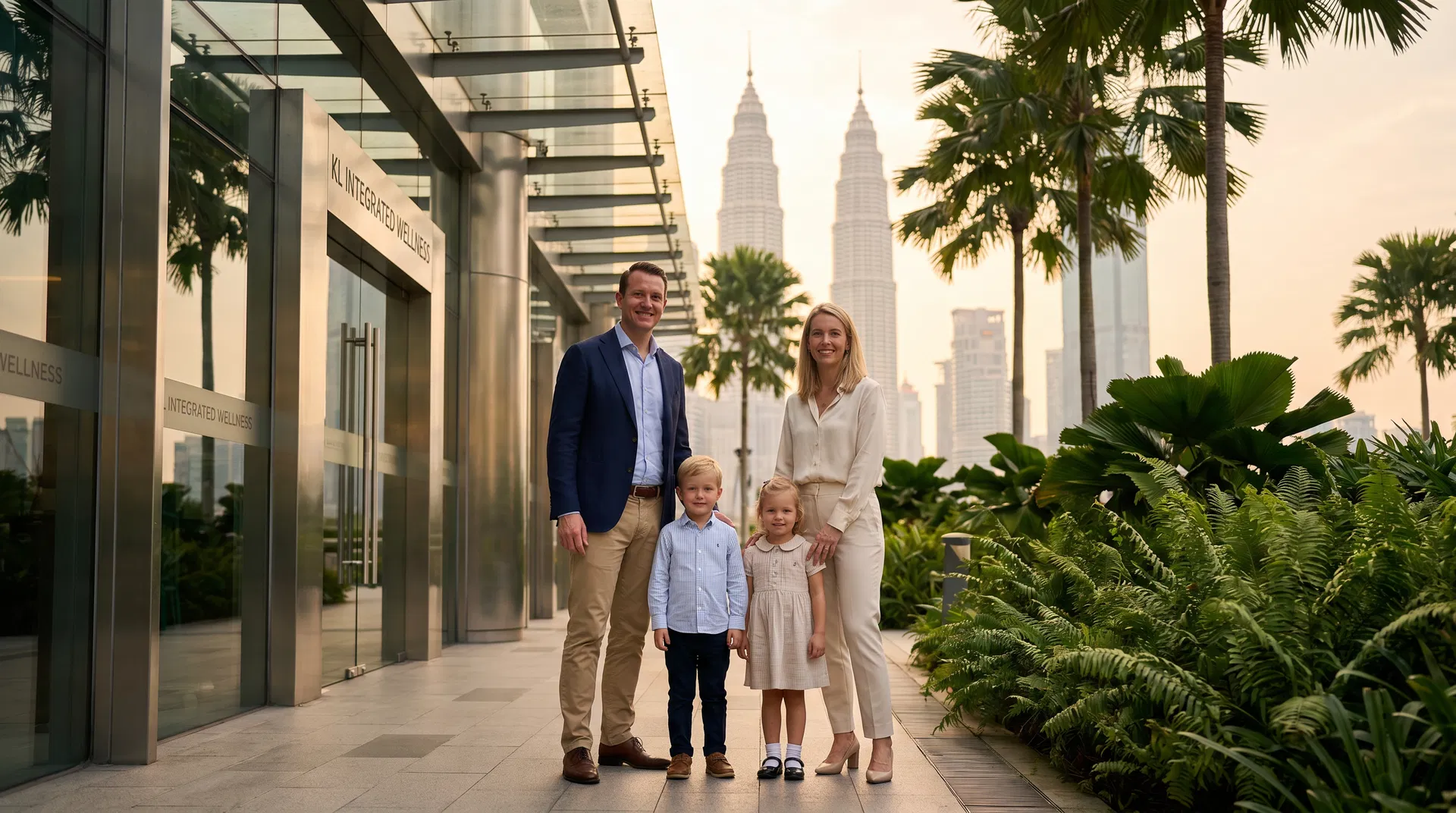 Expat family outside a modern private medical clinic in Kuala Lumpur with the Petronas Towers in the background