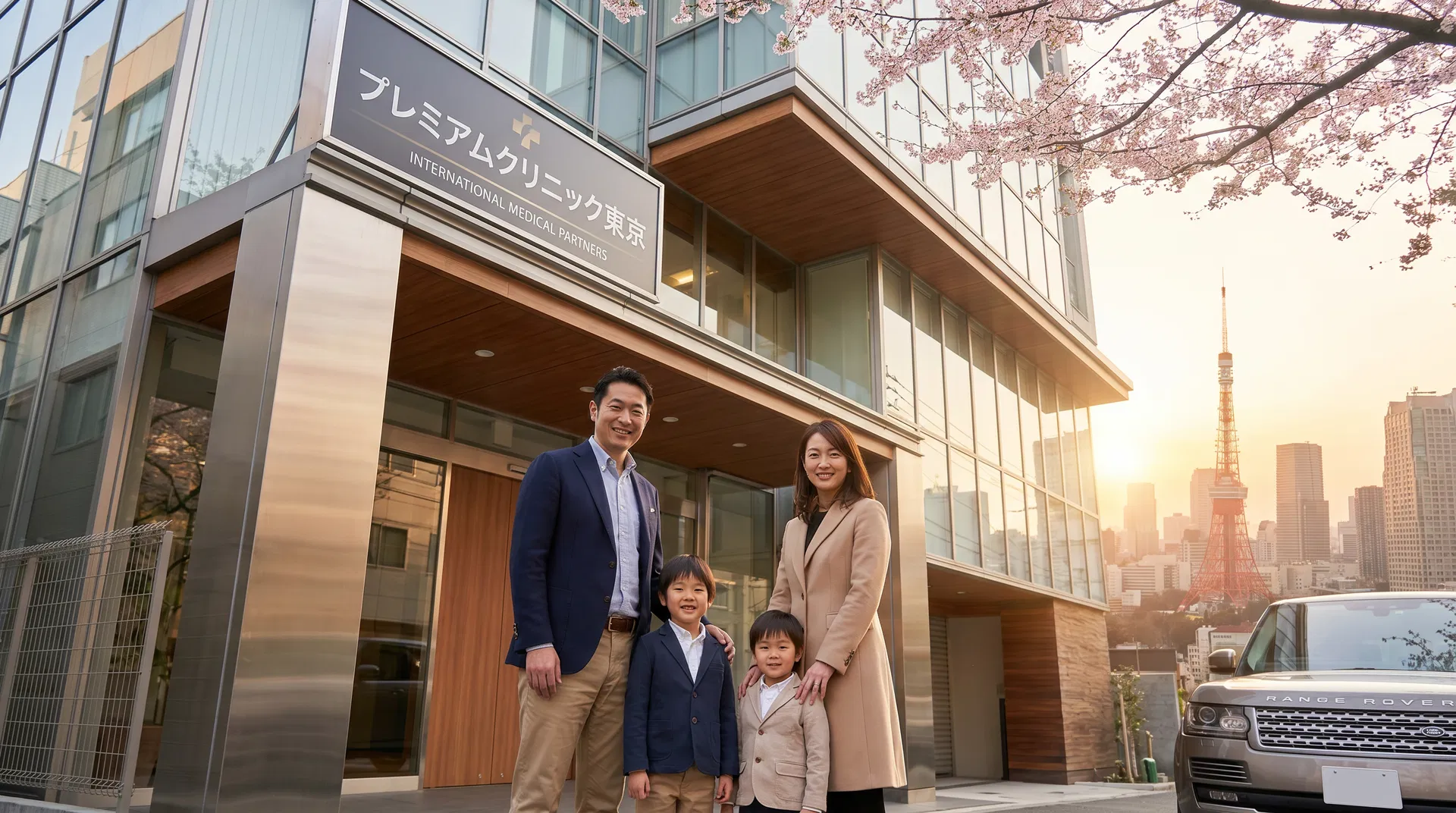 Expat family outside a modern private medical clinic in Tokyo with Tokyo Tower in the background