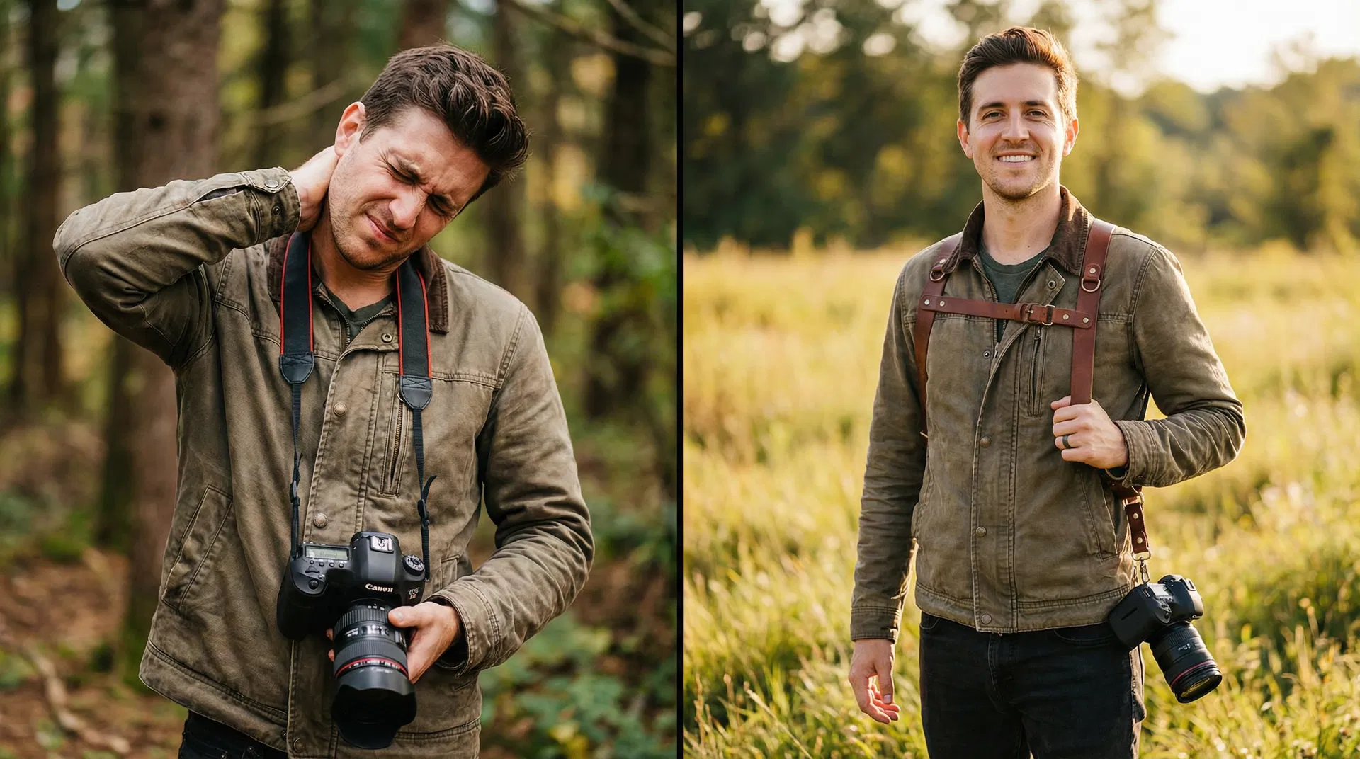 Before and after: neck strap pain vs. Lone Bandit comfort