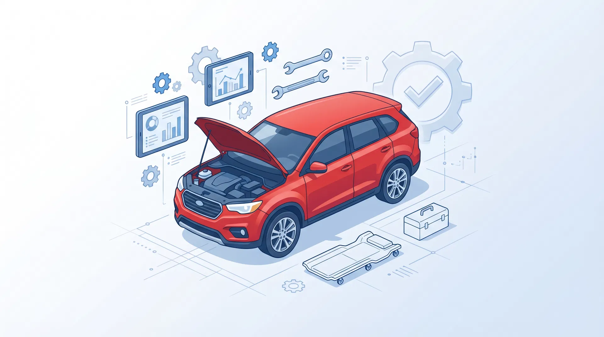 سيارة قي حمراء في الصيانة