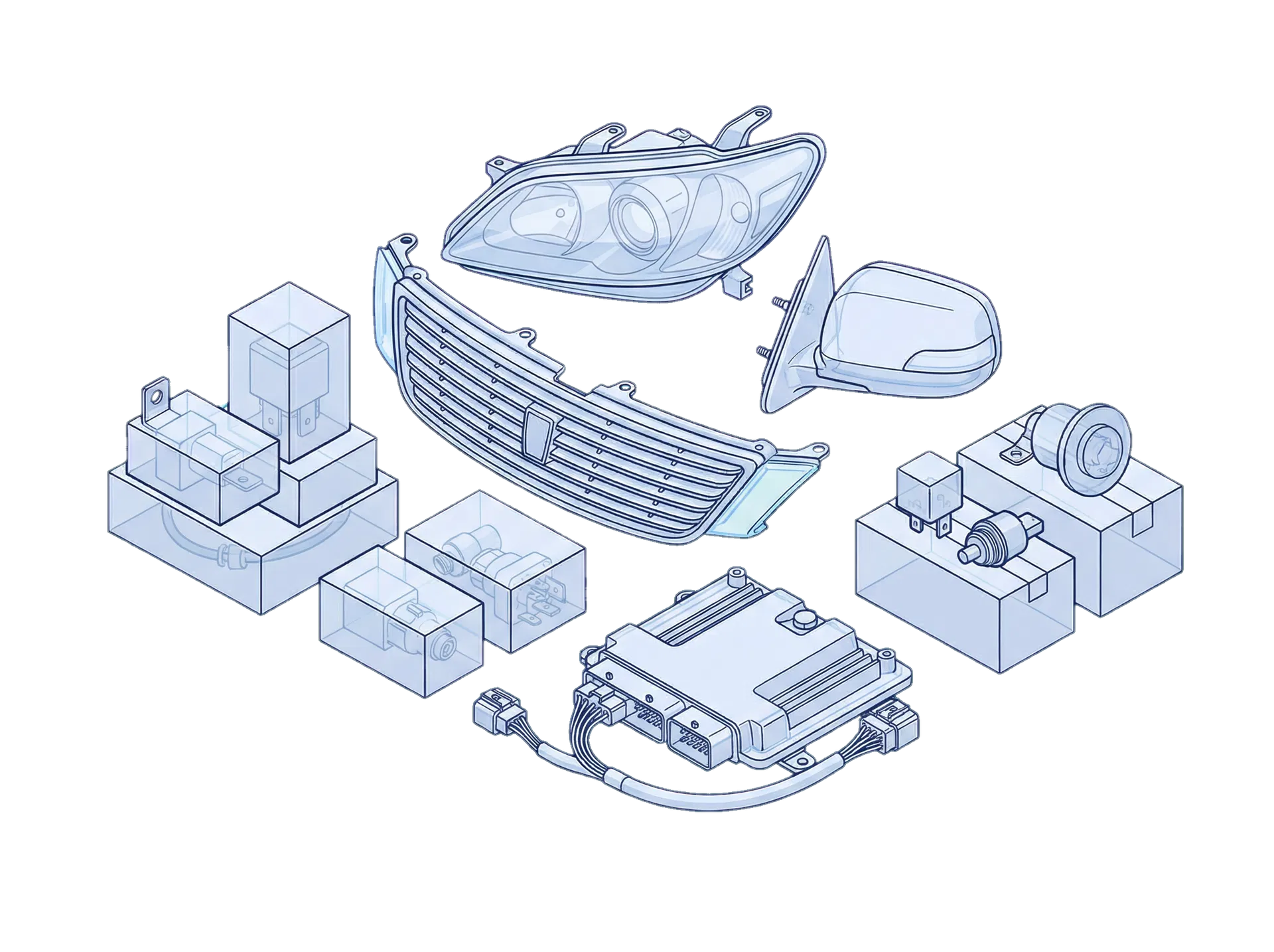 Technical illustration of Japanese car parts for inquiry flow