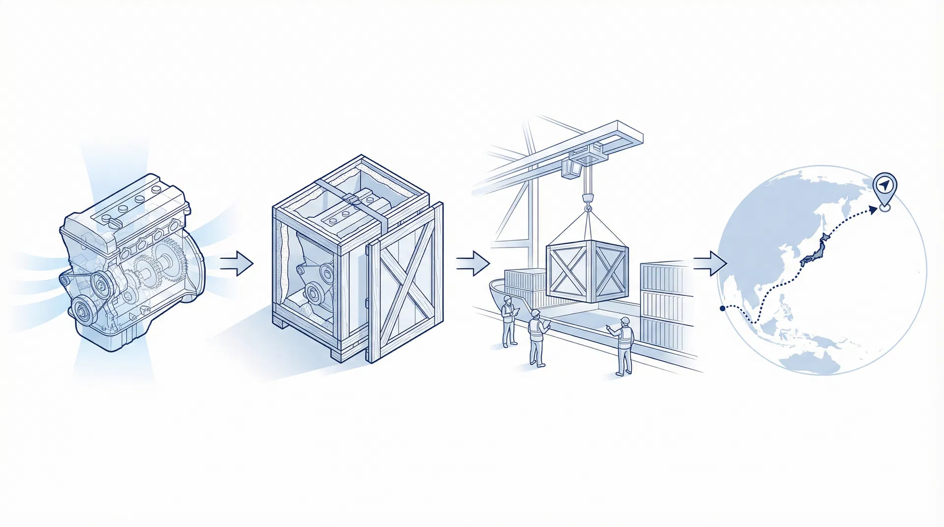 Illustrated shipping and delivery path from Japan