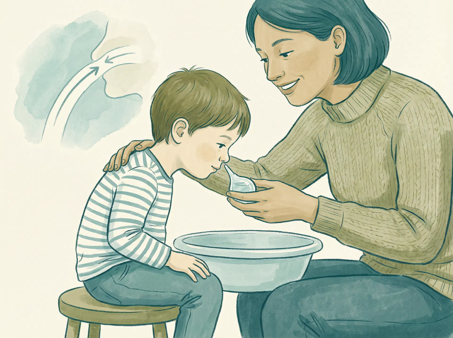 Ilustração de pai ou mãe auxiliando criança na lavagem nasal