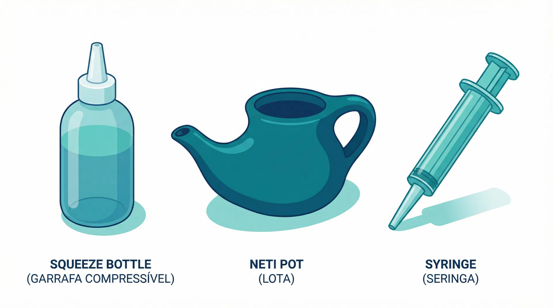 Ilustração dos três principais dispositivos para lavagem nasal: garrafa compressível, lota e seringa